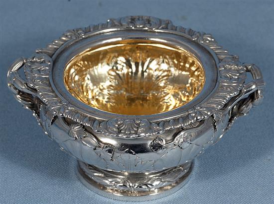 A heavy early Victorian two handled silver master table salt, by John Tapley, dia 135mm, weight 12.1oz/378grms.